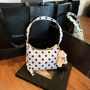 White black polka dot shoulder bag underarm bag with cute bear pendant for daily fashion use
