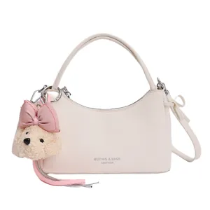 Elegant minimalist women handbag shoulder commuting crossbody bag with cute bear pendant