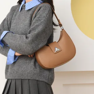 Stylish brown crescent hobo shoulder bag for women, elegant commuter PU leather fashion handbag.