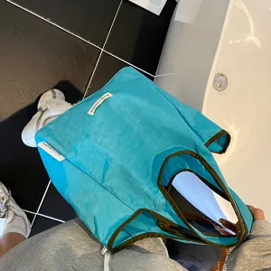 Dopamine blue canvas tote bag casual portable foldable shopping bag trendy handbag for women