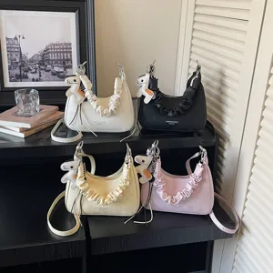 Fashion hobo shoulder bag for women, casual crossbody bag with ruched strap and cute charm.
