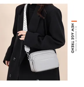 Stylish women multi-layer crossbody shoulder bag casual commuting leather handbag with wide strap