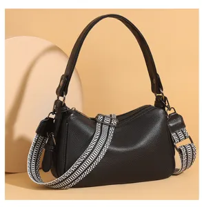 Women black leather shoulder bag stylish crossbody pillow bag with wide patterned strap