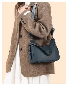 Women's top layer cowhide single shoulder messenger bag stylish dark blue pillow bag strap