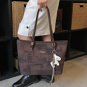 Borsa a shopper marrone stile coreano con ciondolo a cavallo, grande borsa a spalla da donna.