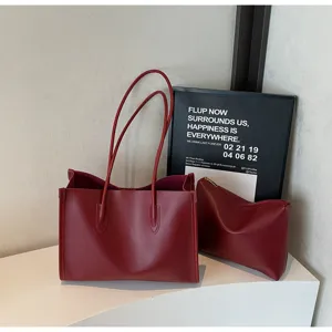 Solid color large capacity tote bag and clutch set, stylish PU leather shoulder commuting bag
