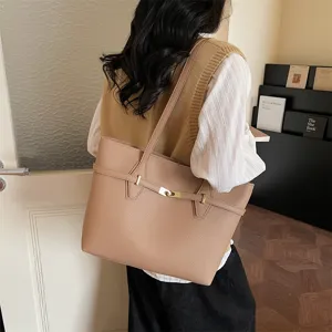 Stylish beige leather tote bag for women, large capacity retro shoulder bag for daily work.