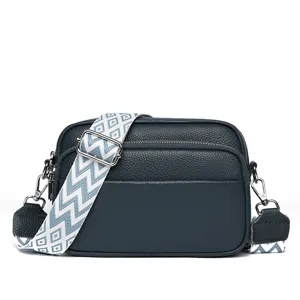 Women leather crossbody bag multi-layer shoulder bag casual chic camera bag with wide strap