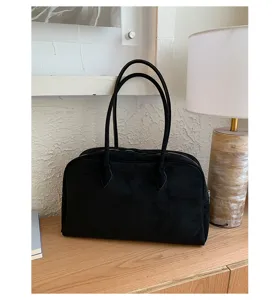 Chic bolso de hombro de ante negro con asas dobles, espacioso bolso tote casual minimalista.