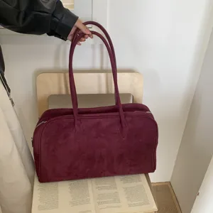 Bolso boston de ante rojo vino gran capacidad elegante bolso de hombro para mujeres