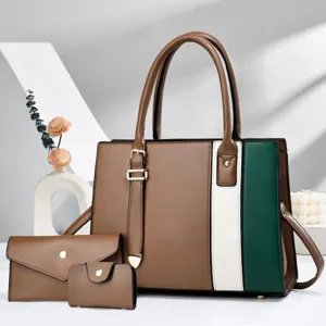 Detailed view of stylish color-blocked handbag set in brown, white and green, daily commuter use.
