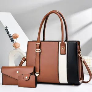 Detailed view of stylish color-block handbag set with wallet and card holder for daily use.