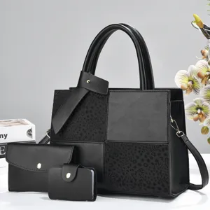 Detailed view of the black patchwork women handbag set, featuring sleek tote and matching wallets.