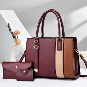 Stylish color-block handbag set with tote, wallet and card case for women daily commute.
