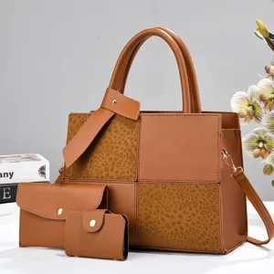 Brown three-piece women handbag set PU leather tote crossbody bag with chic leopard patchwork.