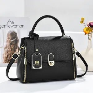 Sac Bandoulière Classique en Cuir PU Grain Litchi pour Femmes Mode Fermeture à Verrou Sac à Main Sac d'Épaule Quotidien