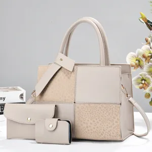Beige patchwork three-piece women handbag set, versatile tote shoulder bag and clutch purse.