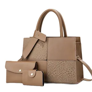 Stylish brown patchwork tote bag set with matching wallet and pouch for women commute use.