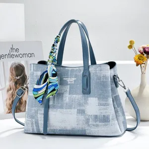 Stylish blue grey abstract pattern women handbag with chic scarf commuter shoulder bag