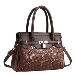 Classic brown women tote bag with metal lock and digital print, stylish daily work purse.
