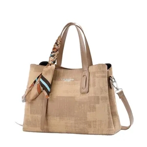 Stylish women tote bag khaki PU leather handbag with scarf elegant top handle shoulder bag