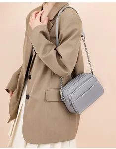 Grey genuine leather crossbody bag with chain strap for women, stylish vintage soft cowhide bag.