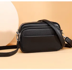 Black genuine leather crossbody bag, vintage soft leather small square shoulder bag for women.