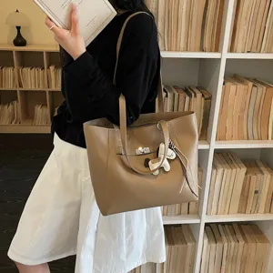 Spacious brown leather tote bag for women, stylish casual commute shoulder bag