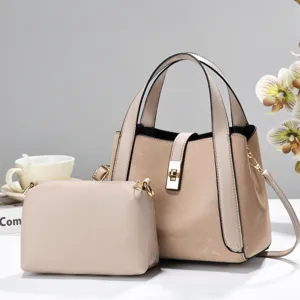 Elegant beige two-piece women handbag set, casual daily commute tote and crossbody bag.
