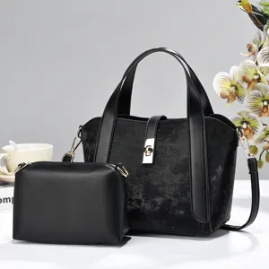 Chic black two-piece handbag set featuring a textured tote bag and matching pouch for daily use.