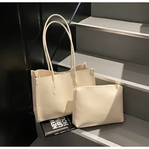 Chic beige tote bag with matching pouch, large capacity PU leather shoulder commuting handbag.