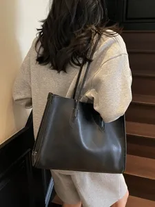 Black Leather Tote Bag Large Capacity Casual Shoulder Bag Commuter Work Handbag for Women