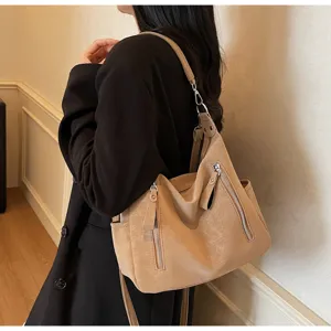 Stylish women's large capacity shoulder bag, casual khaki tote bag with front zippers.