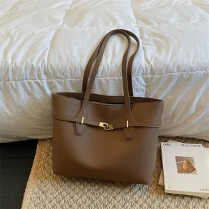 Women brown leather tote bag vintage casual shoulder bag large capacity commuter handbag