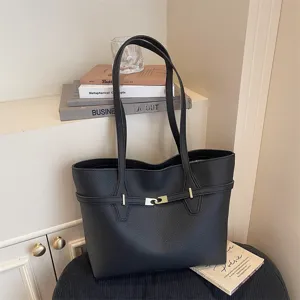 Classic black leather tote bag for women, large capacity vintage shoulder bag for daily work.
