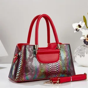 Women Fashion Laser Snakeskin Tote Bag PU Leather Multi Layer Casual Daily Commuter Shoulder Top Handle Bag