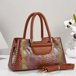 Holographic snakeskin tote bag for women, luxury top handle shoulder bag with detachable strap.