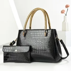 Women Crocodile Pattern Patent Leather Handbag Stylish Tote Bag With Mother And Child Purse Top Handle Bag