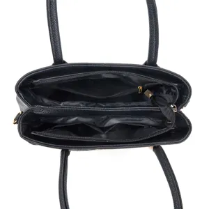 Top view detail of a black multi-compartment tote bag interior structure and pockets.