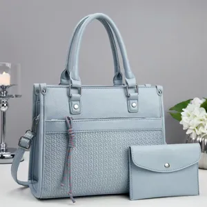 Light blue women handbag set with detailed woven texture, elegant daily shoulder tote bag.