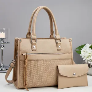 Chic beige tote handbag set with matching coin purse, large capacity stylish casual shoulder bag.