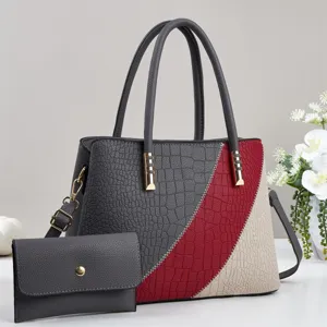 Women fashion colorblock crocodile texture tote bag with wallet cross body shoulder bag