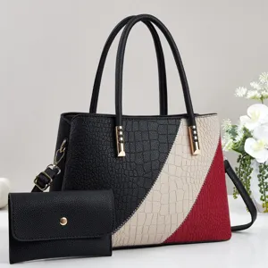 Stylish color-block tote bag and wallet set for women, premium crocodile pattern leather.