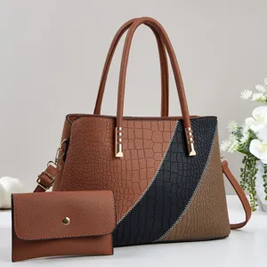 Stylish color-blocked women handbag set with stone texture, large capacity tote and clutch bag.