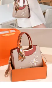 Elegant floral embroidered shoulder handbag with chic silk scarf accessory for women daily use