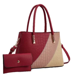 Large capacity color-blocked crocodile textured women handbag and crossbody shoulder bag set.