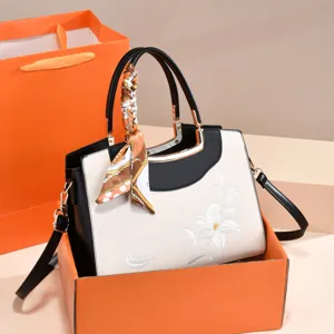Elegant floral embroidered women handbag top handle shoulder crossbody bag luxury style.