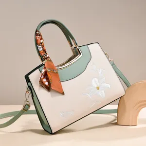 Chic embroidered women handbag elegant top handle shoulder bag floral fashion casual satchel