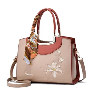 Elegant embroidered women handbag with stylish silk scarf, PU leather shoulder crossbody bag.