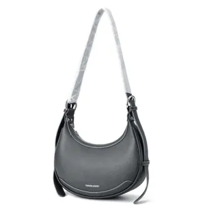 Dark grey crescent shoulder bag for women, stylish hobo crossbody handbag with silver hardware.